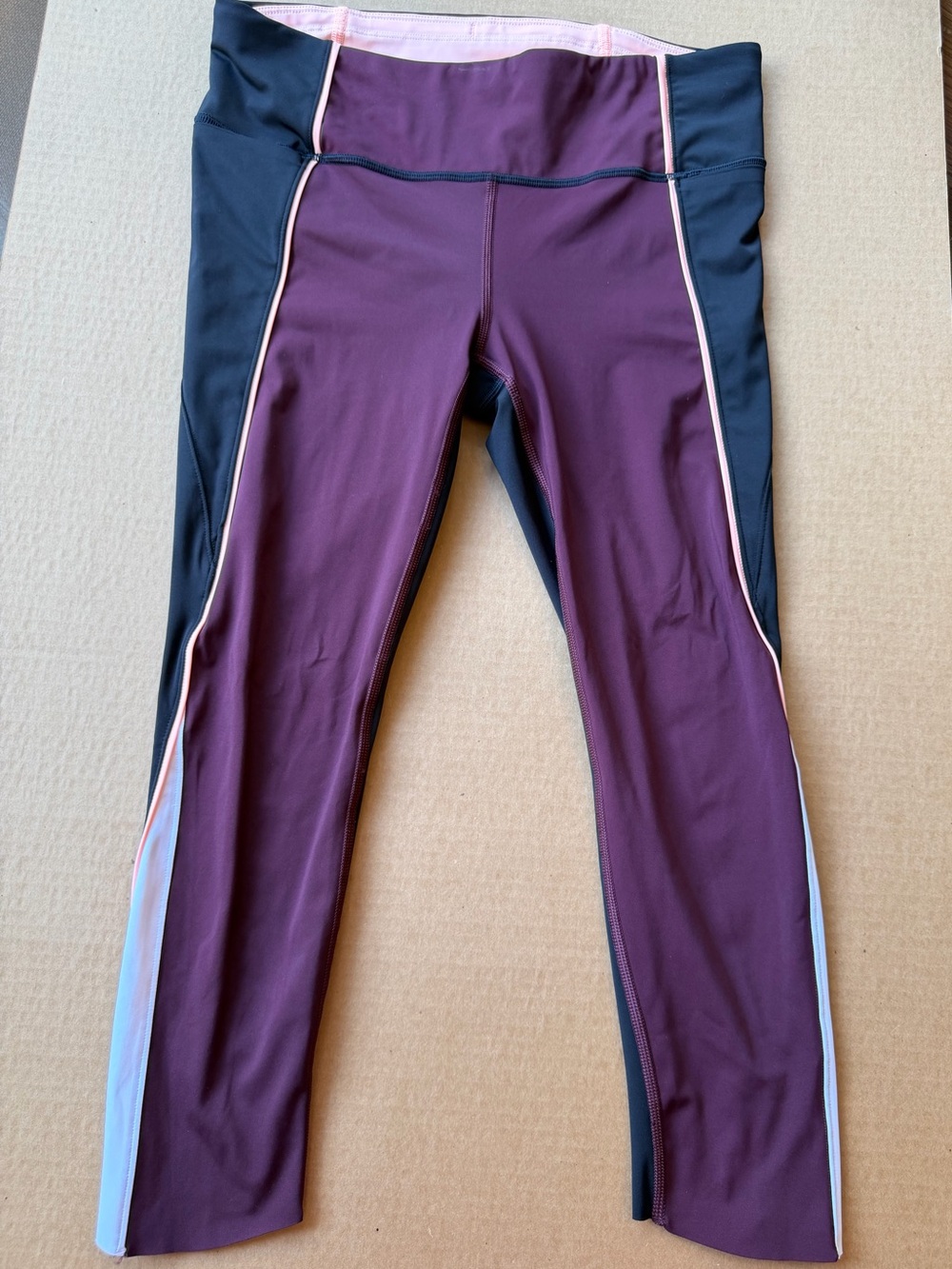 Athleta Velocity Colorblind Capri Leggings with Black Panels and Pink Piping